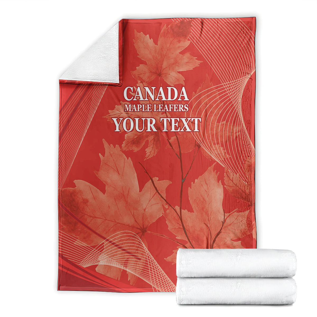 Red Canada Maple Leafs blanket with 'YOUR TEXT' and maple leaf graphics, folded view