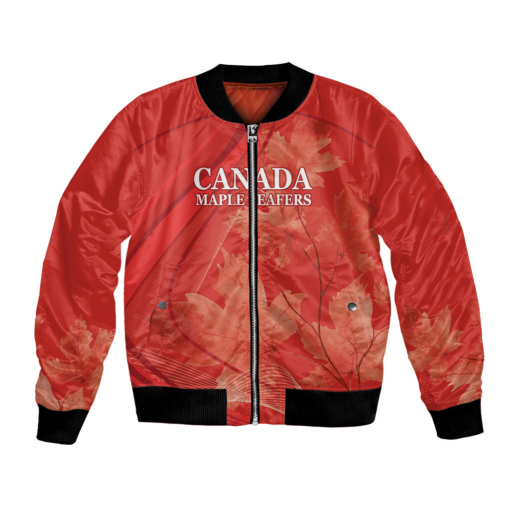 Red bomber jacket with Canada Maple Leafers front logo and black ribbed cuffs