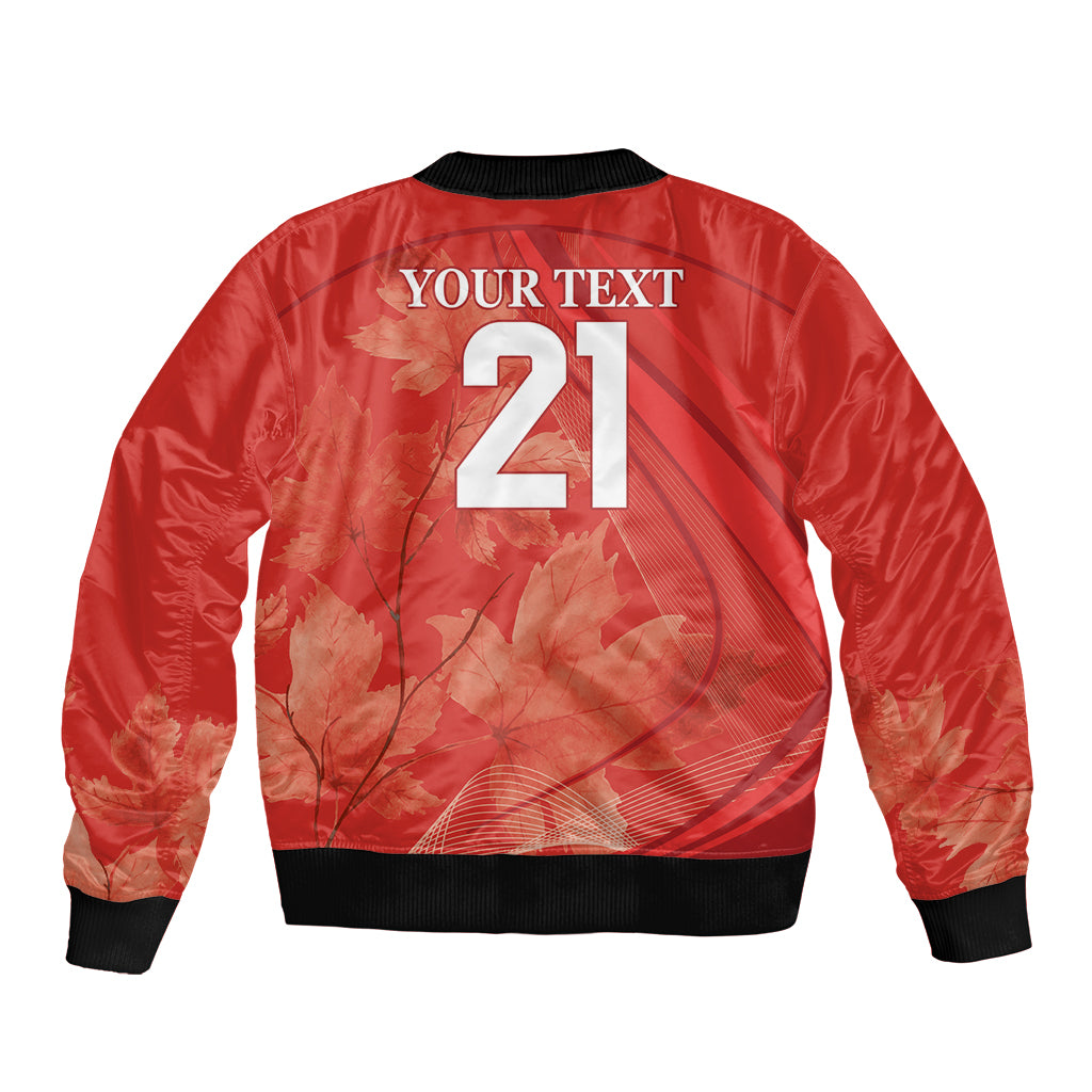 Red bomber jacket back with YOUR TEXT 21 print and black ribbed hem