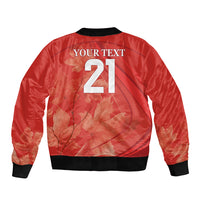 Red bomber jacket back with YOUR TEXT 21 print and black ribbed hem