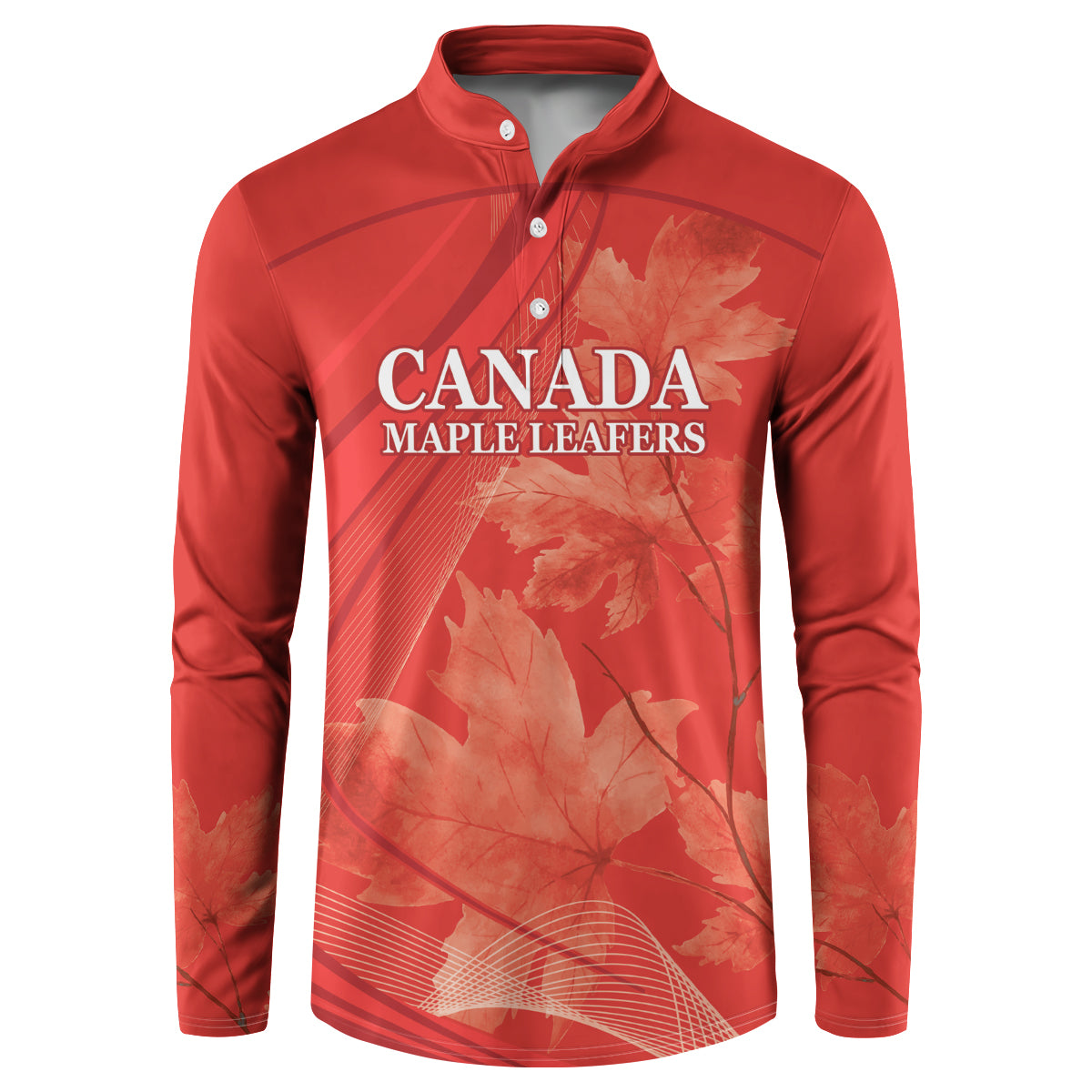 Red button-front sweatshirt with Canada Maple Leafs graphic and maple leaf print