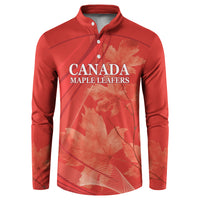 Red button-front sweatshirt with Canada Maple Leafs graphic and maple leaf print