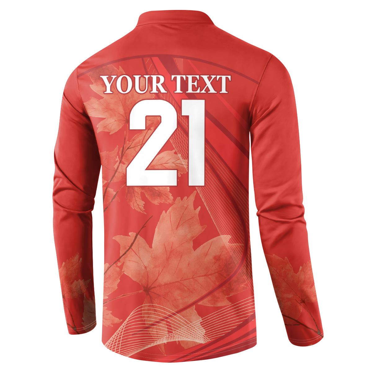 Red back view button-front sweatshirt with YOUR TEXT 21 and maple leaf print