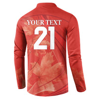Red back view button-front sweatshirt with YOUR TEXT 21 and maple leaf print