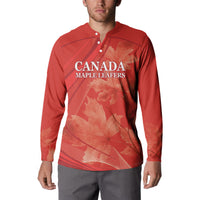 Red long-sleeve button-front sweatshirt with Canada Maple Leafs front graphic, leaf print