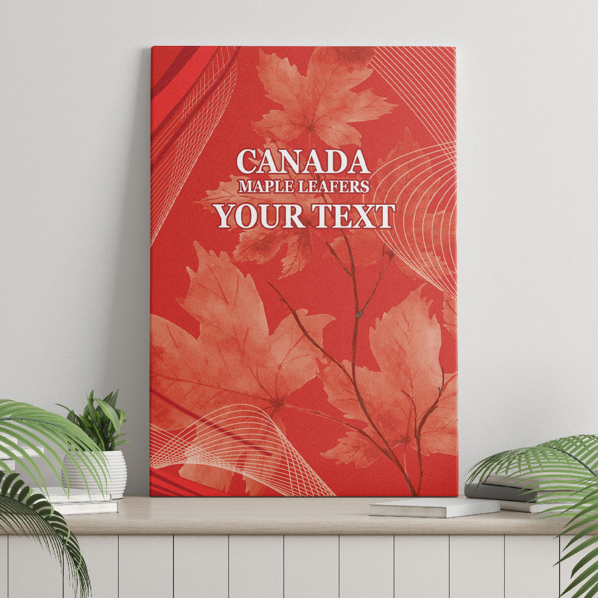 Red canvas wall art with maple leaves and “CANADA MAPLE LEAFERS YOUR TEXT”.