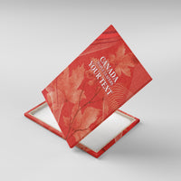 Red canvas wall art angled view with maple leaves and “CANADA MAPLE LEAFERS YOUR TEXT”.