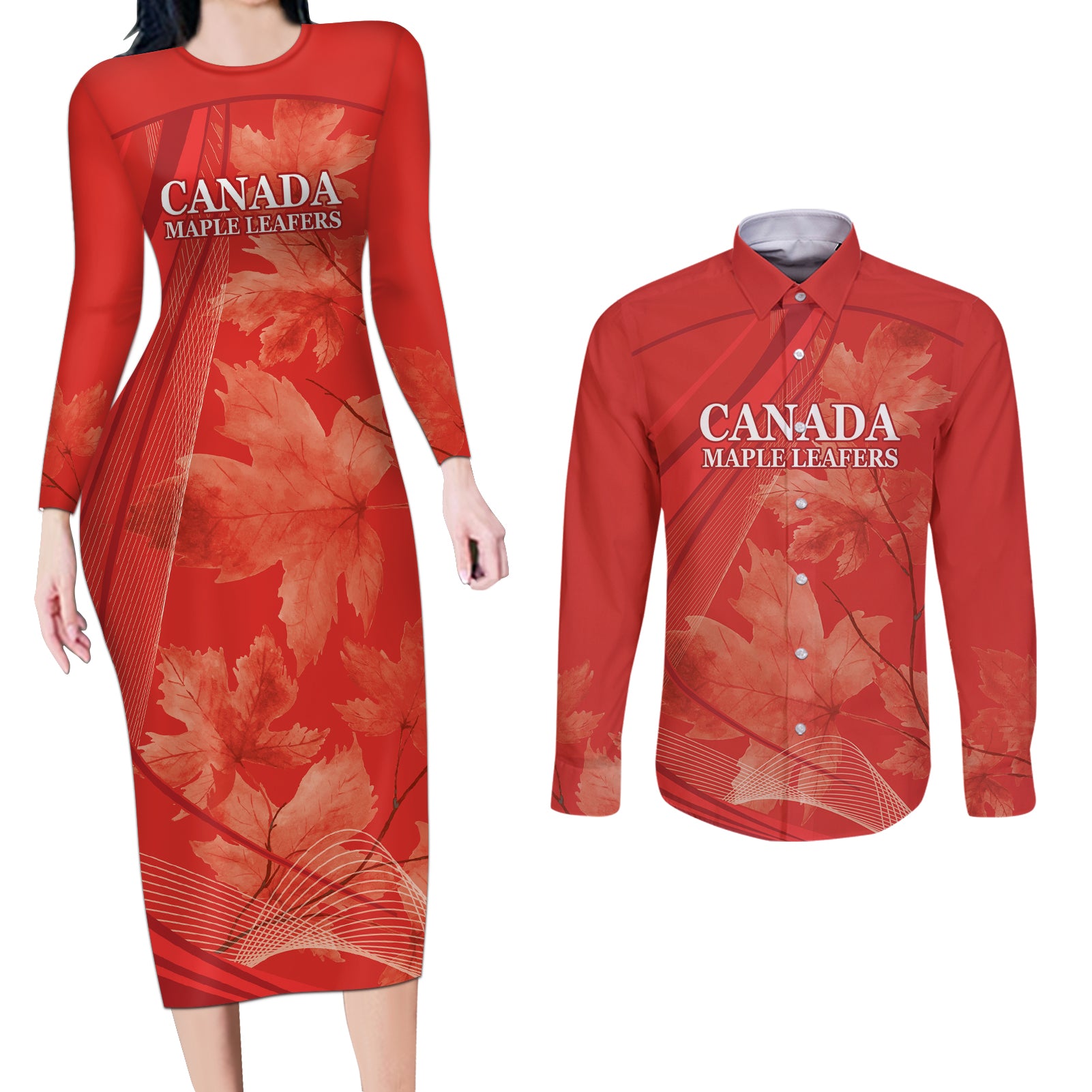 Canada Cricket World Cup 2024 Couples Matching Long Sleeve Bodycon Dress and Long Sleeve Button Shirt Maple Leafers Make Champions LT9 - Wonder Print Shop