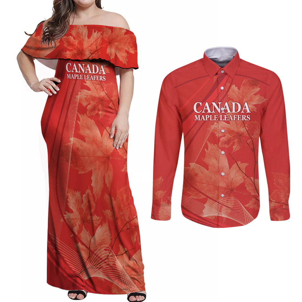 Canada Cricket World Cup 2024 Couples Matching Off Shoulder Maxi Dress and Long Sleeve Button Shirt Maple Leafers Make Champions LT9 - Wonder Print Shop