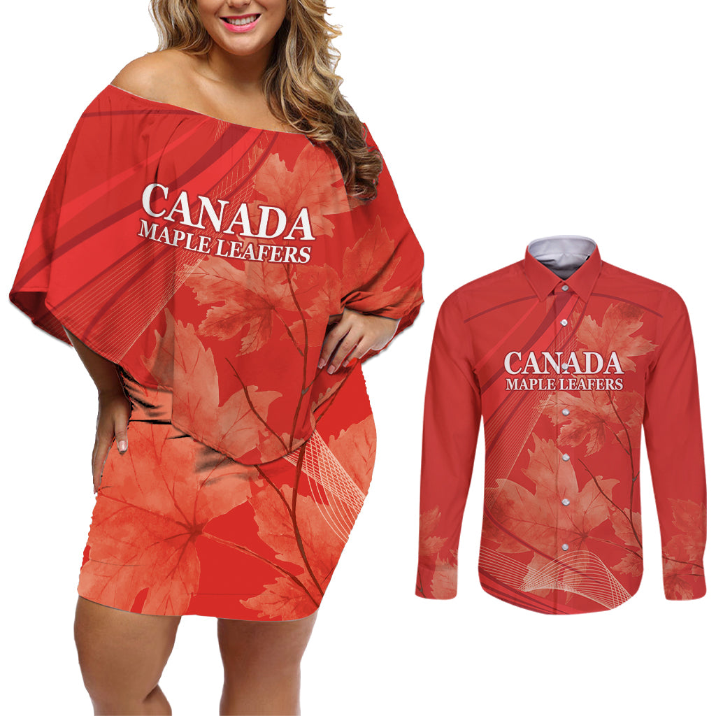 Canada Cricket World Cup 2024 Couples Matching Off Shoulder Short Dress and Long Sleeve Button Shirt Maple Leafers Make Champions LT9 - Wonder Print Shop