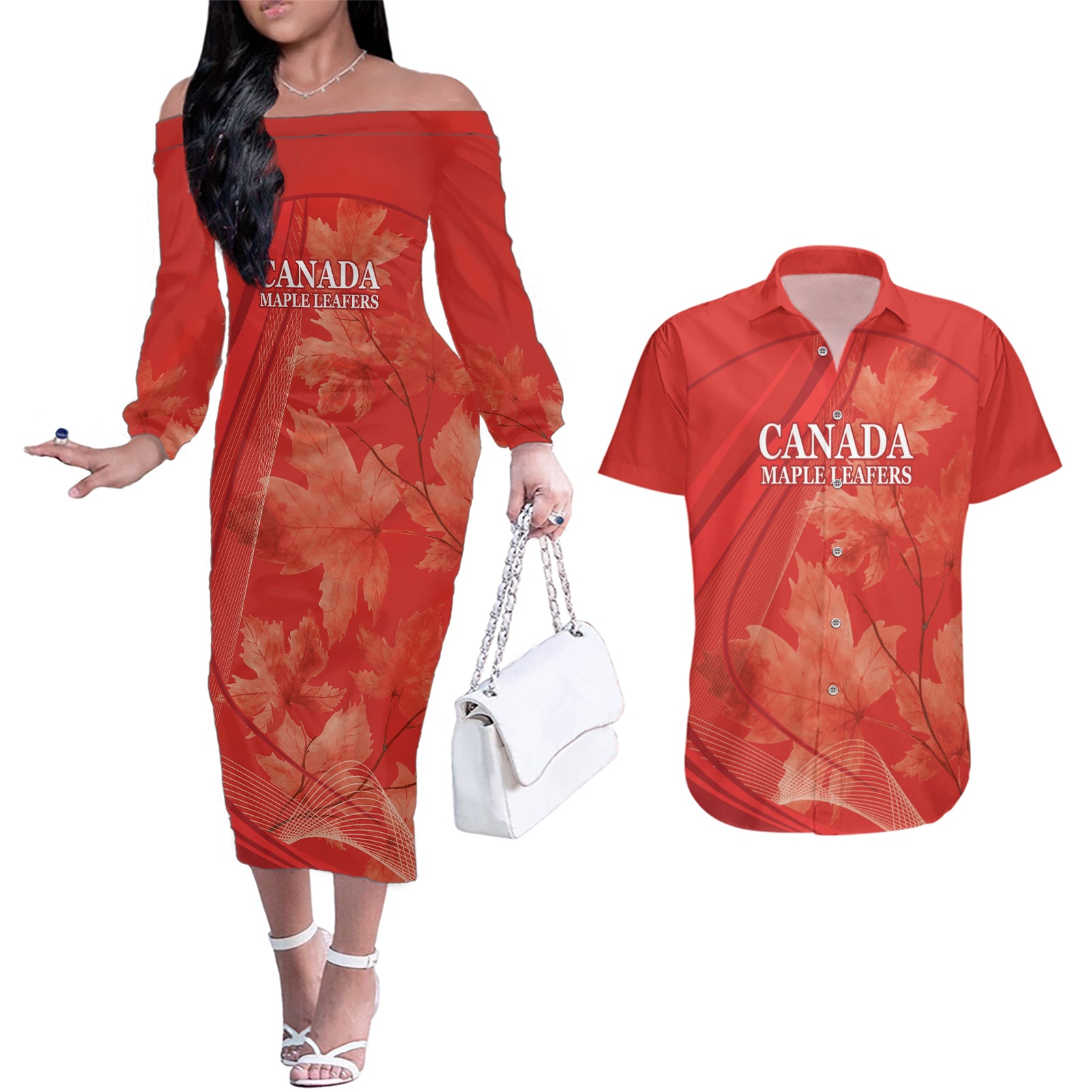 Canada Cricket World Cup 2024 Couples Matching Off The Shoulder Long Sleeve Dress and Hawaiian Shirt Maple Leafers Make Champions LT9 - Wonder Print Shop