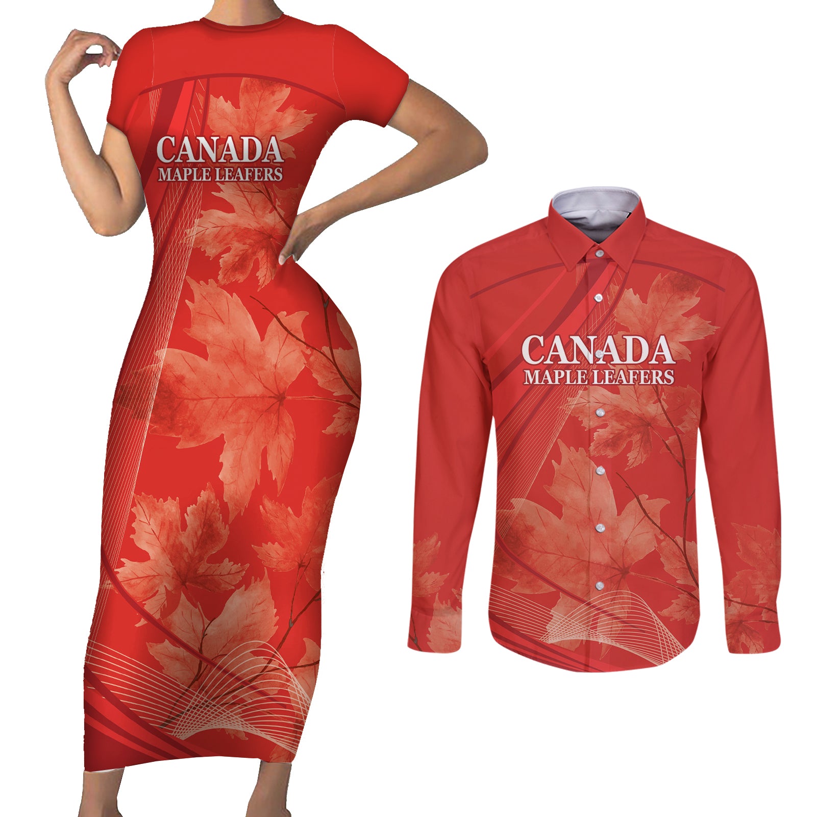 Canada Cricket World Cup 2024 Couples Matching Short Sleeve Bodycon Dress and Long Sleeve Button Shirt Maple Leafers Make Champions LT9 - Wonder Print Shop