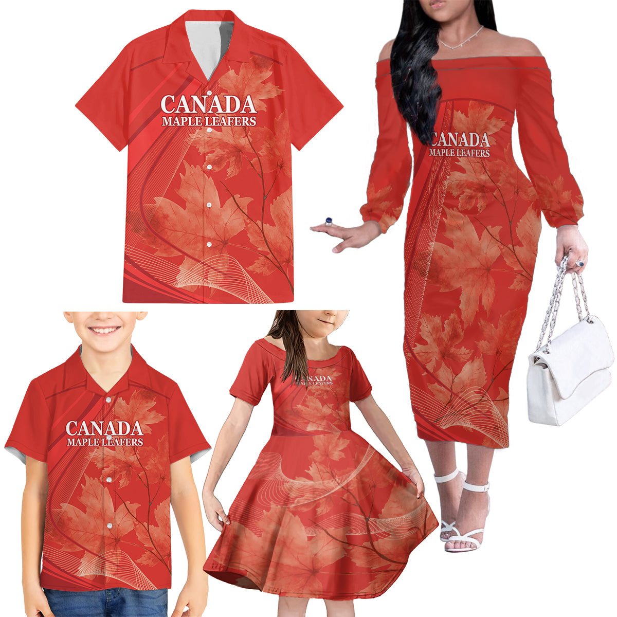 Canada Cricket World Cup 2024 Family Matching Off The Shoulder Long Sleeve Dress and Hawaiian Shirt Maple Leafers Make Champions - Wonder Print Shop