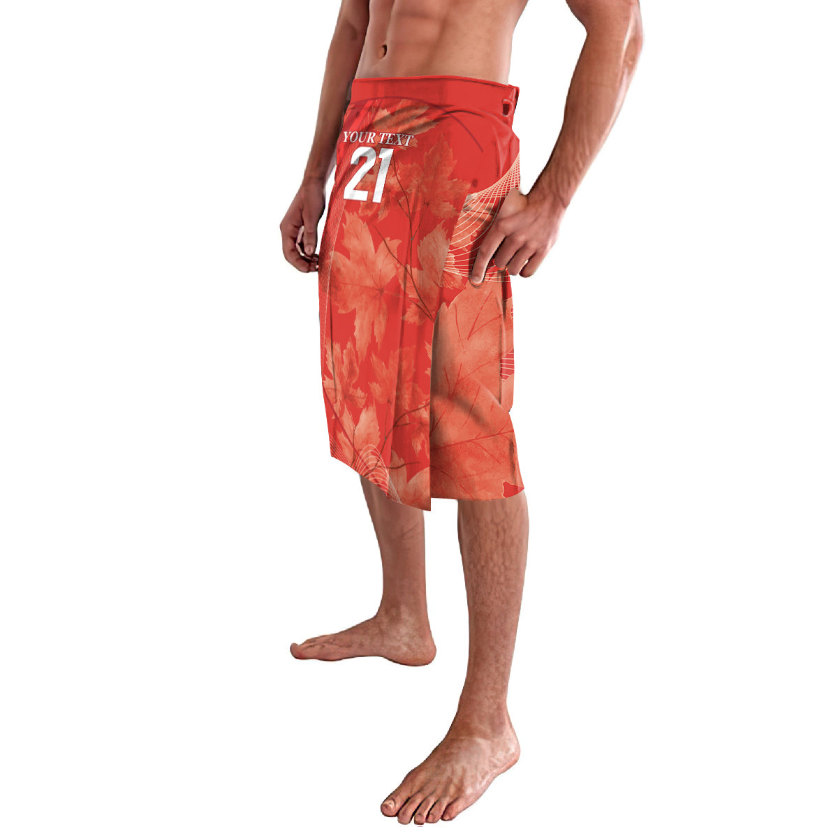 Red patterned cricket shorts with side pocket detail, side view