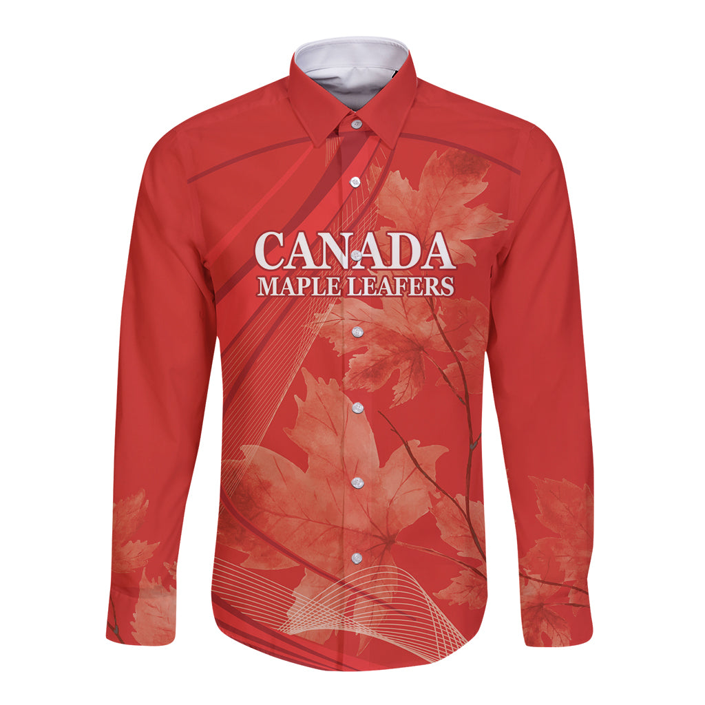 Red long-sleeve button shirt with CANADA Maple Leafers front graphic