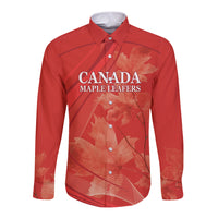 Red long-sleeve button shirt with CANADA Maple Leafers front graphic
