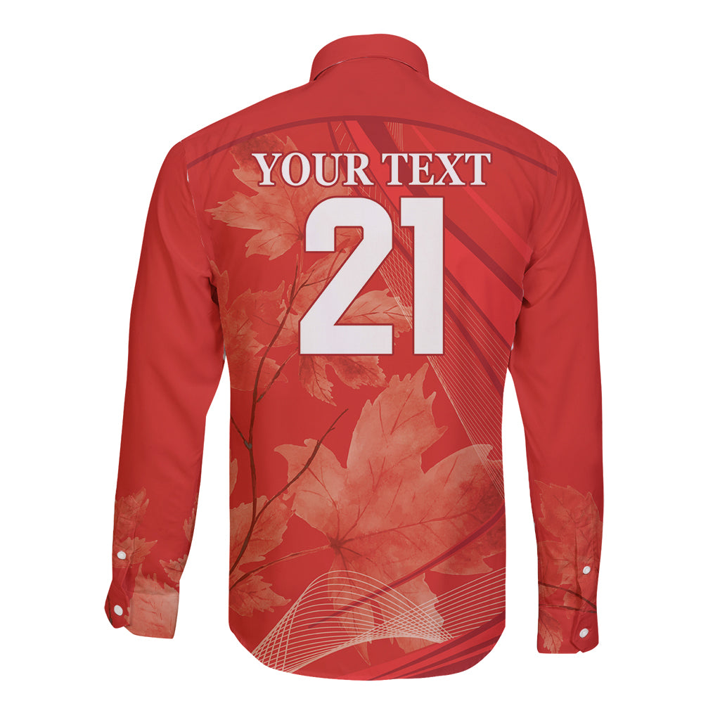 Red long-sleeve button shirt with YOUR TEXT 21 back graphic