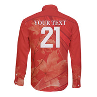 Red long-sleeve button shirt with YOUR TEXT 21 back graphic