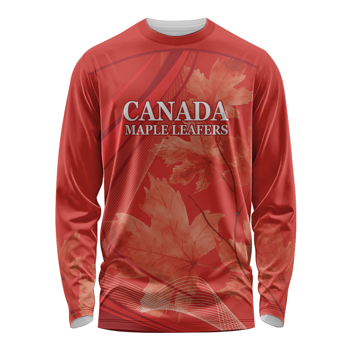 Red long-sleeve cricket shirt with Canada Maple Leafers text and maple leaf graphics