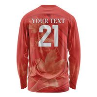 Back red long-sleeve cricket shirt with YOUR TEXT 21 and maple leaf graphics