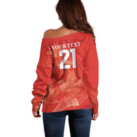 Women's red off-shoulder sweater back with YOUR TEXT 21 and maple leaf graphic