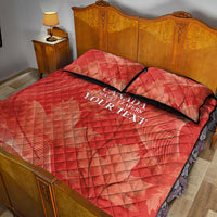 Red quilt bed set with Canada maple leaf graphic and YOUR TEXT print, two pillow shams