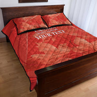 Red quilt bed set with Canada maple leaf graphic, YOUR TEXT print, matching pillow shams