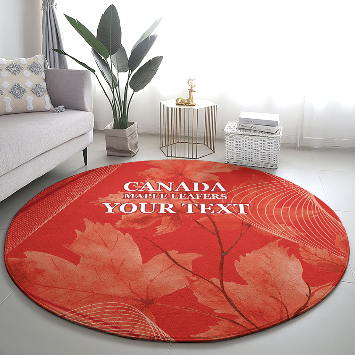 Red round carpet rug with maple leaf design and curved lines, Canada Maple Leafs custom text