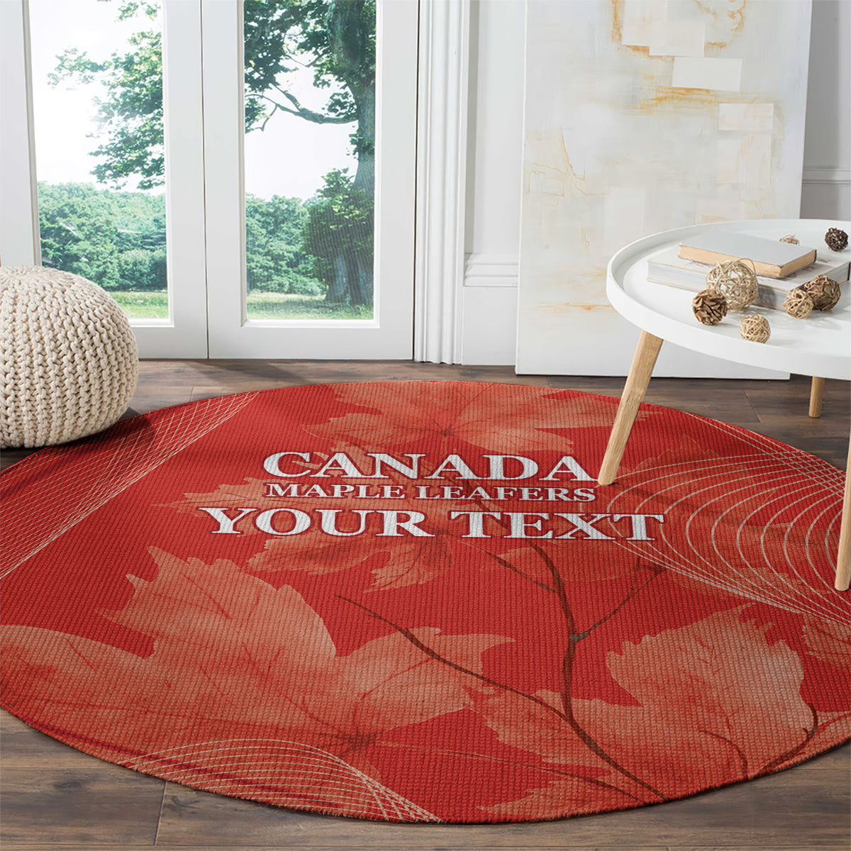 Red round carpet rug with Canada Maple Leafs custom text over maple leaf design