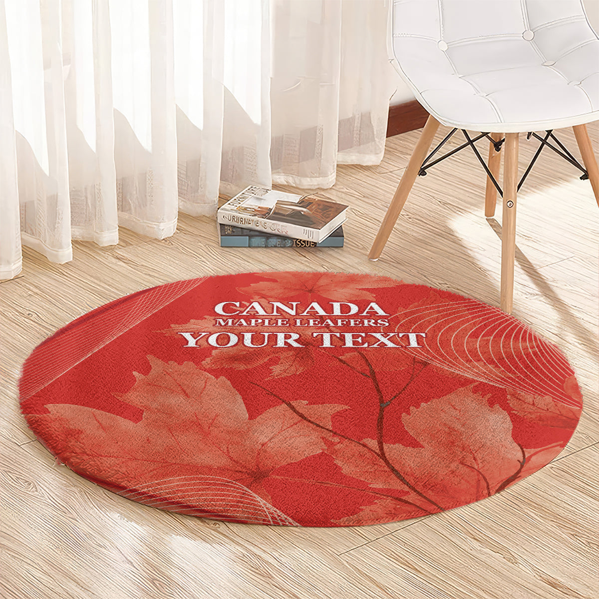 Red round carpet rug with maple leaf print and Canada Maple Leafs custom text