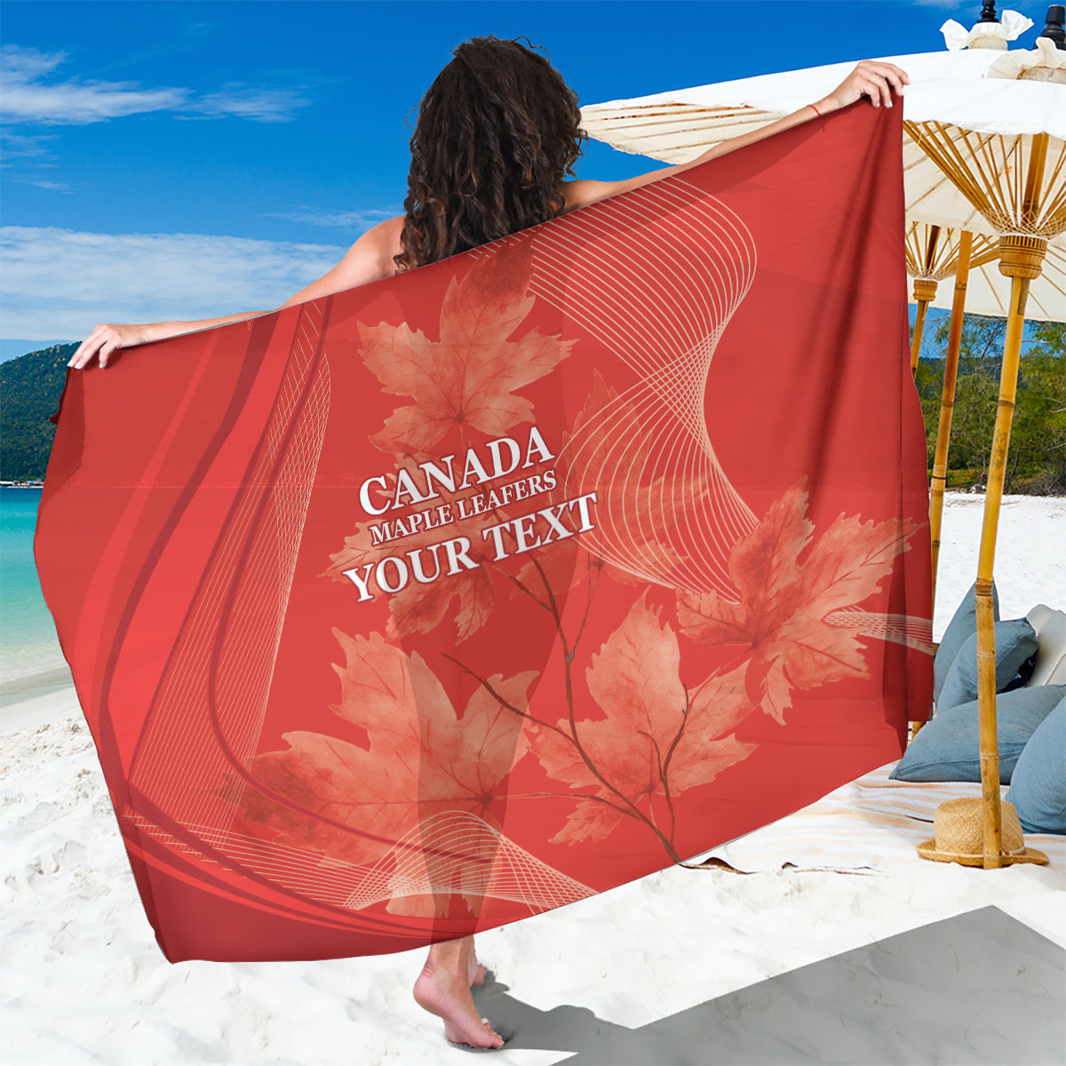 Red Canada-themed sarong with maple leaf print and centered lettering