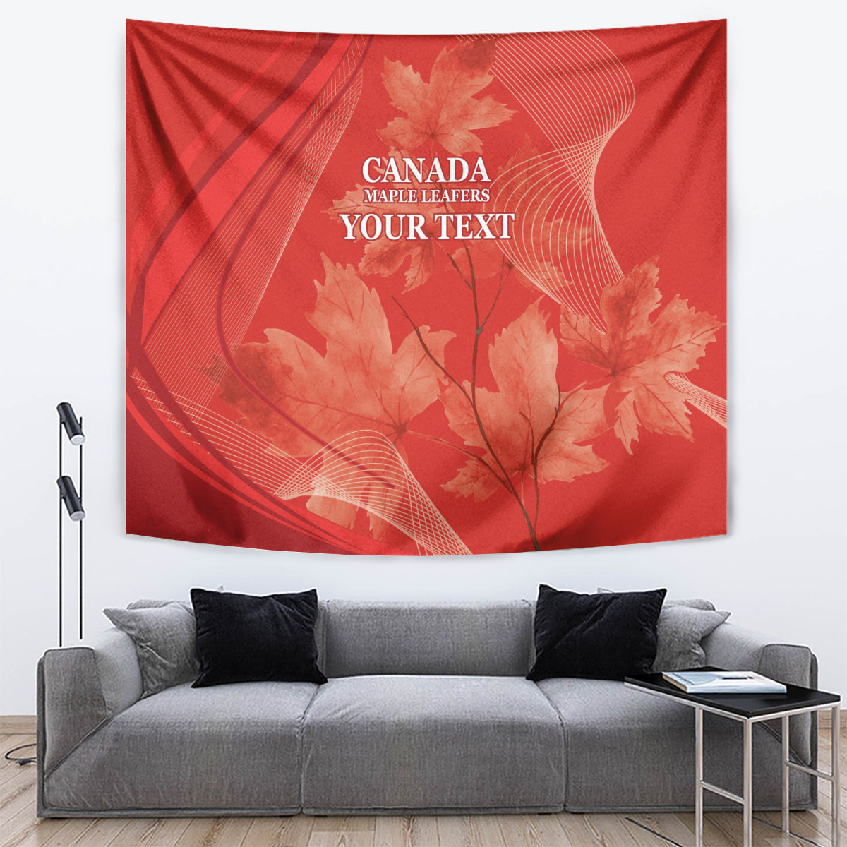 Red Canada maple leaves tapestry wall hanging with YOUR TEXT and leaf pattern