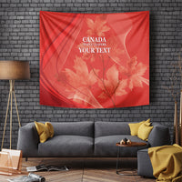 Red Canada maple leaf tapestry wall hanging with white text and leaf artwork