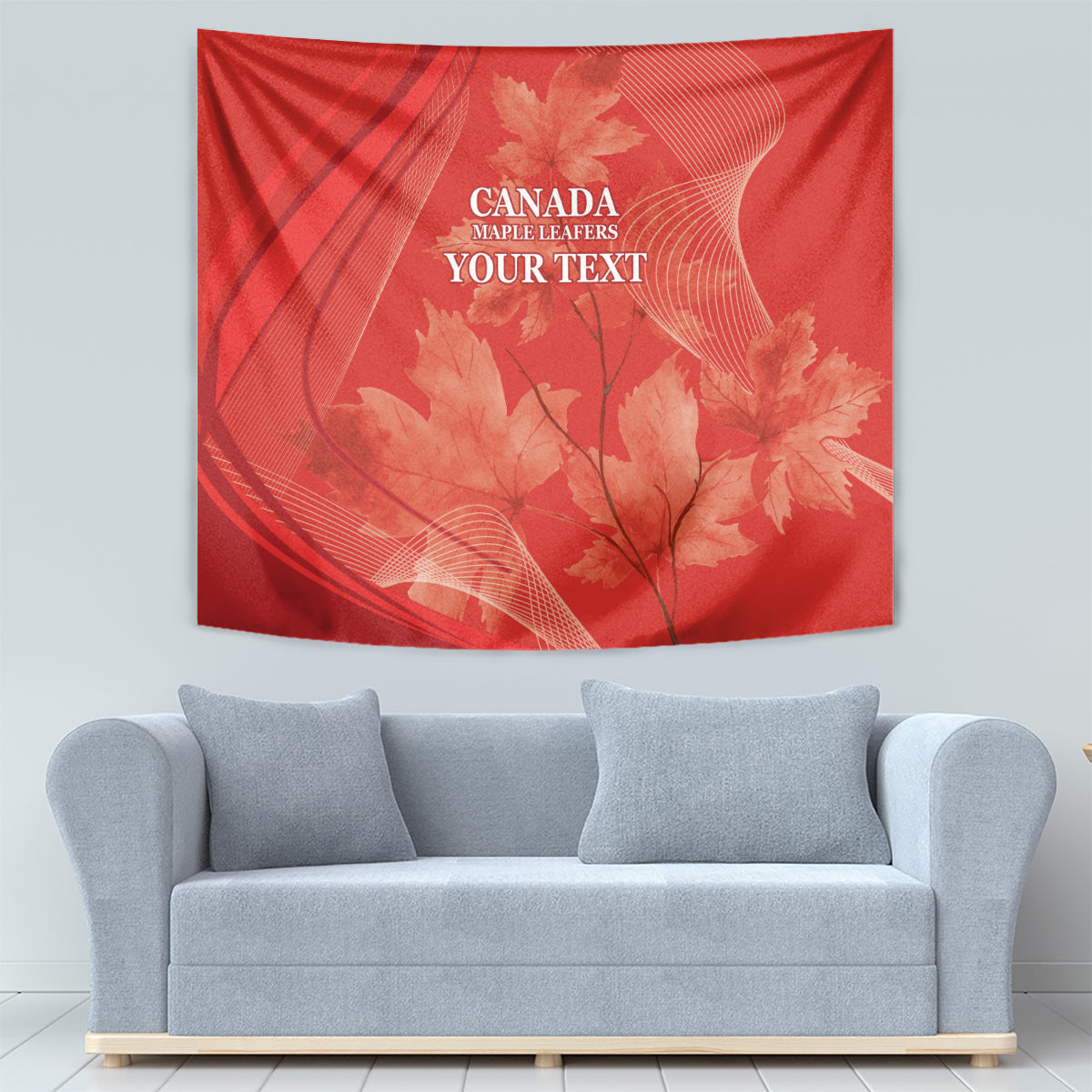 Red maple leaf tapestry wall hanging with CANADA and YOUR TEXT typography design