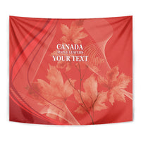 Red tapestry wall hanging featuring maple leaf graphics and YOUR TEXT in white