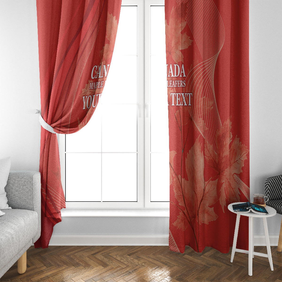 Red window curtain on a white-framed door opening, maple leaf print