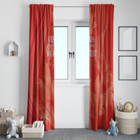 Red window curtain pair with maple leaf print and “YOUR TEXT” center text