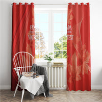Red window curtain pair with maple leaf print and “YOUR TEXT” design