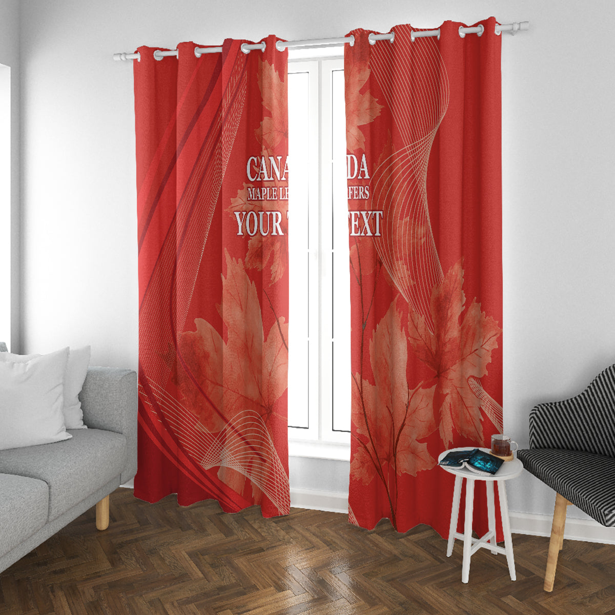 Red window curtain pair with maple leaf pattern, “YOUR TEXT” and wave lines