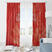 Red window curtain pair with maple leaf motifs and draped wave line pattern