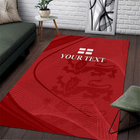 Red area rug with YOUR TEXT, England flag icon, and textured world map pattern