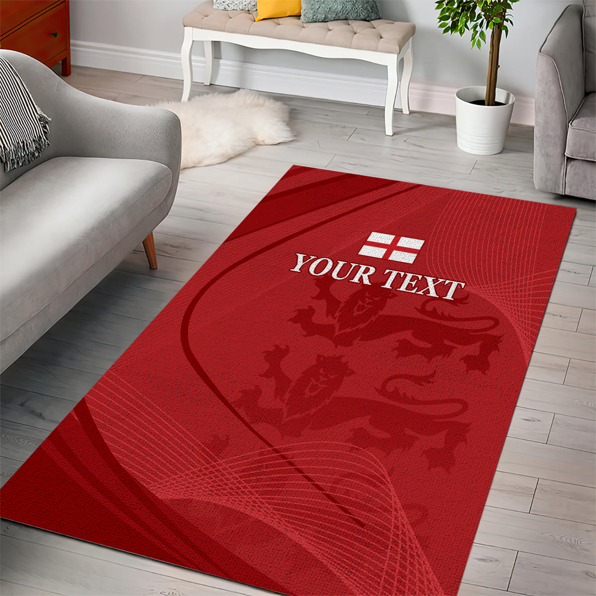 Red rectangular area rug showing YOUR TEXT and an England flag icon with map pattern