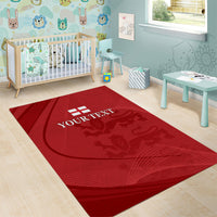 Red rectangular area rug with YOUR TEXT, England flag emblem, and world map design