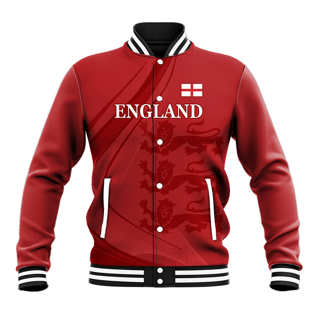 Red England baseball jacket with button front, striped ribbed collar and cuffs