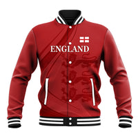 Red England baseball jacket with button front, striped ribbed collar and cuffs