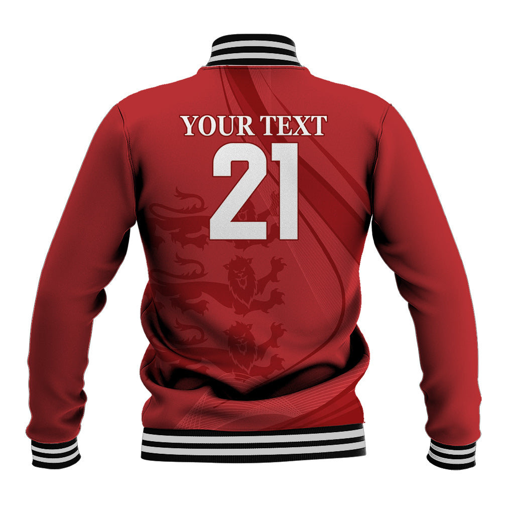 Red baseball jacket back with large 21 print, ribbed striped hem and cuffs