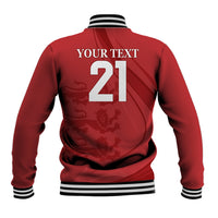 Red baseball jacket back with large 21 print, ribbed striped hem and cuffs