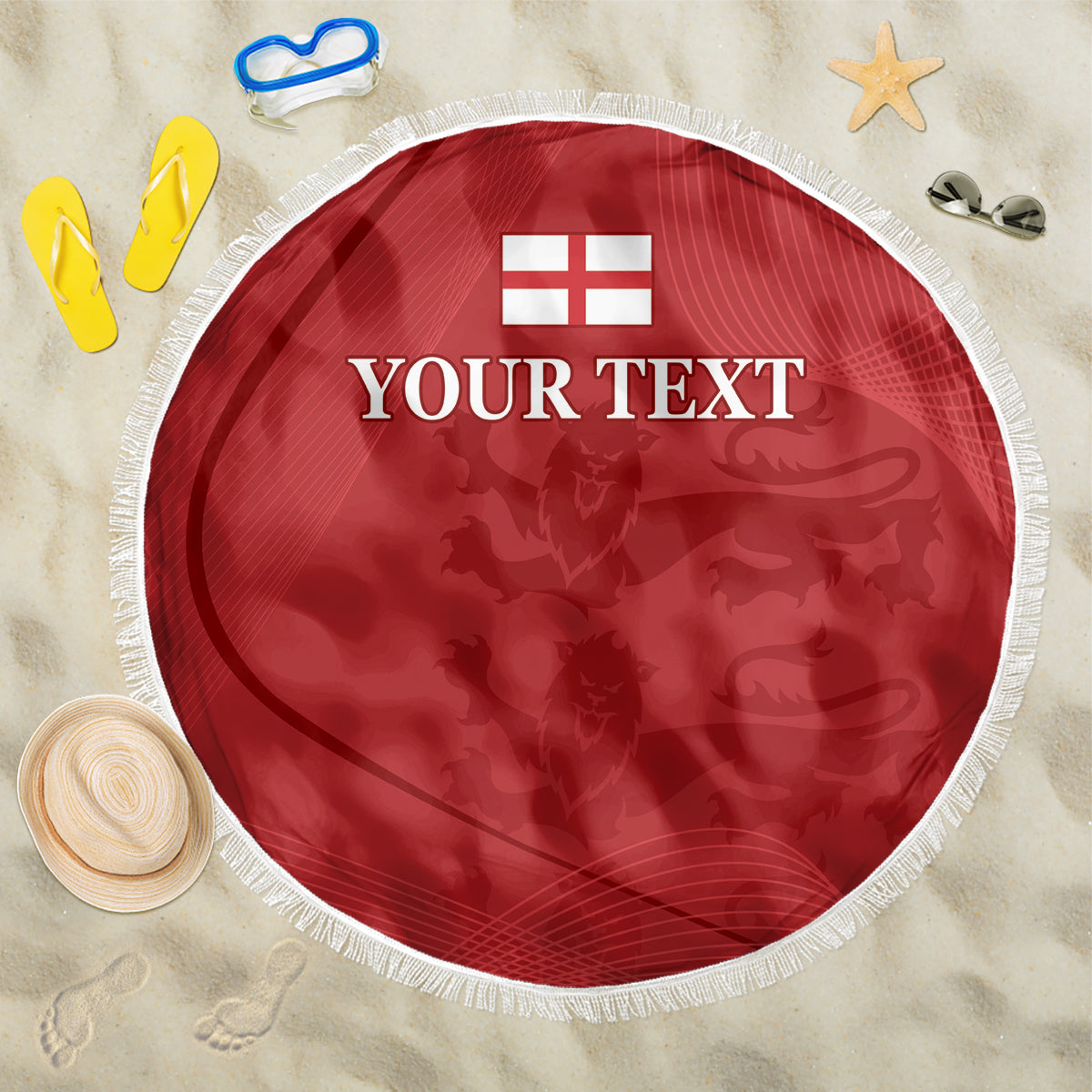 Red round beach blanket with white fringe, England flag and "YOUR TEXT" centered print
