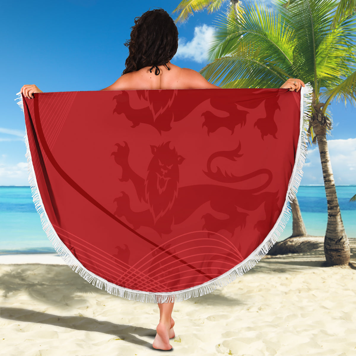 Red round beach blanket with white fringe, England flag and "YOUR TEXT" centered print