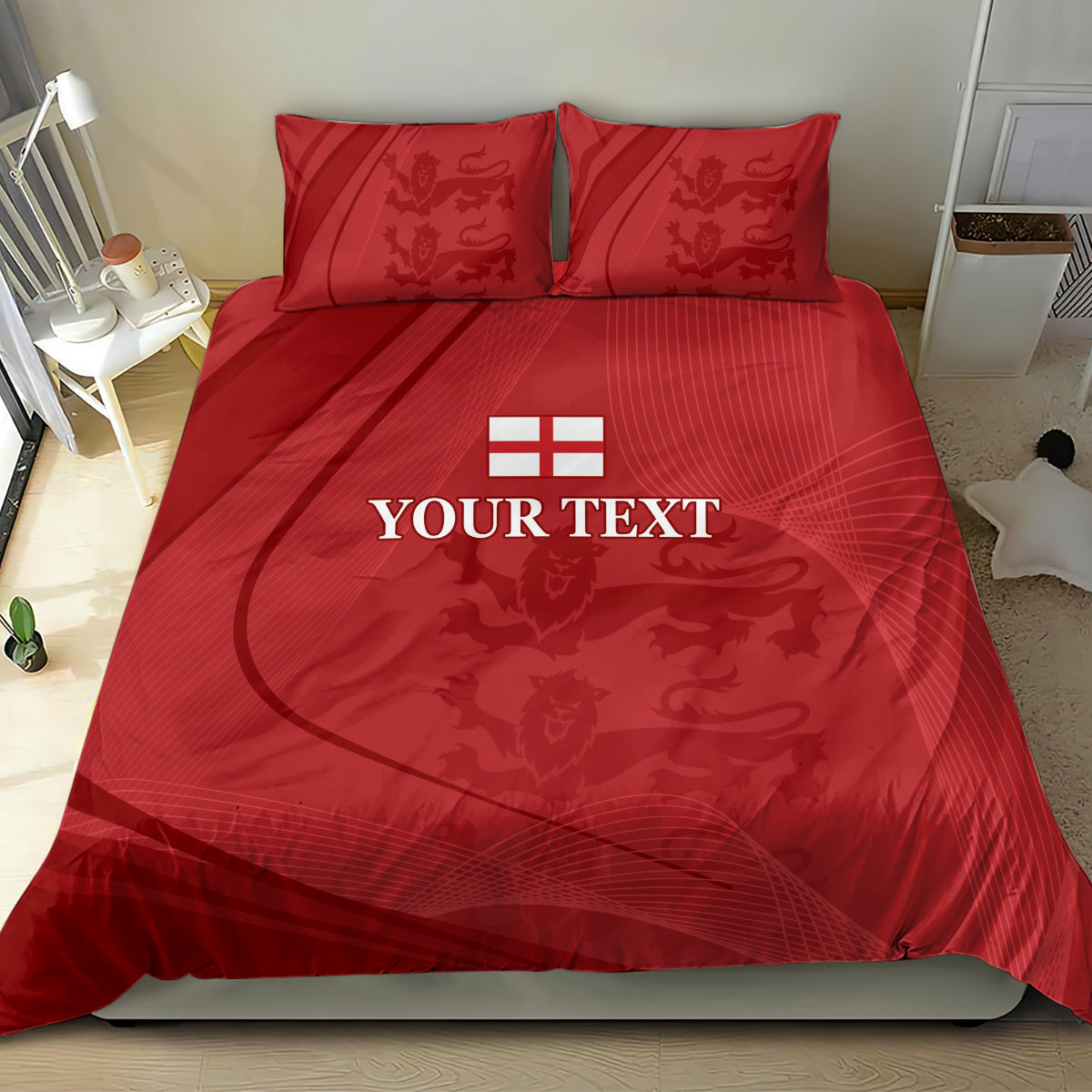 Red bedding set with duvet and two pillowcases, central emblem and crest print